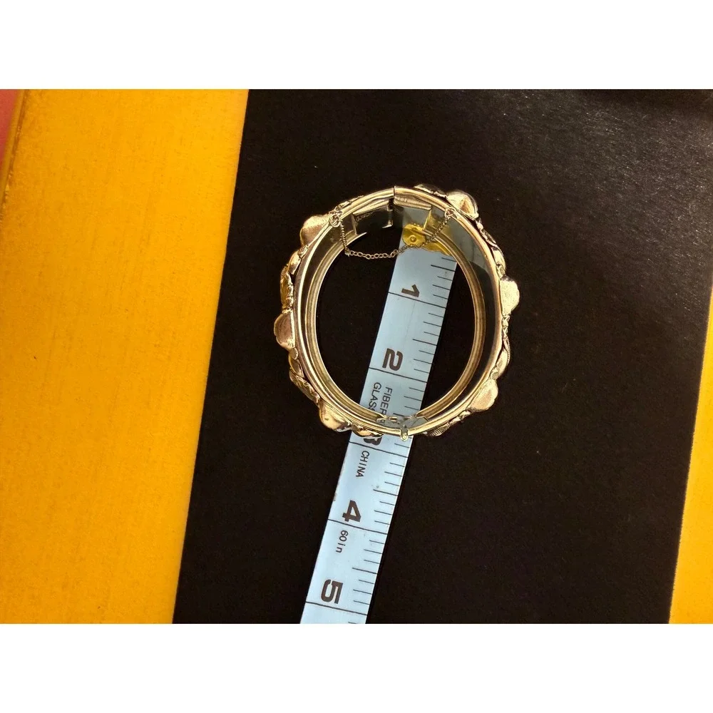 Vargas Vintage Silver Tone Repousse Floral Hinged Bangle Bracelet Safety Chain